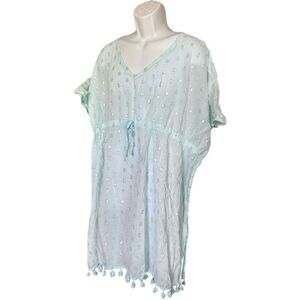 Womens Boutique Baby Blue Boho Swimsuit Swim Beach  Tassel Coverup - Sz 3X